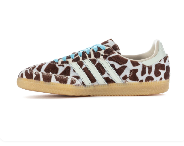 Adidas Brown and Cream Animal-Print Sneakers with Blue Laces and Gum Sole