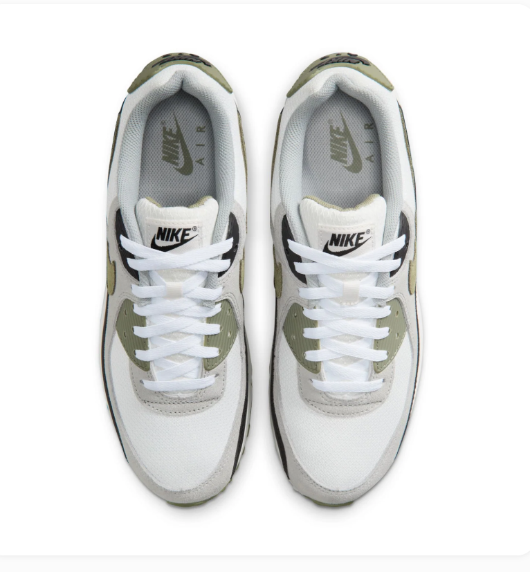 Nike Air Max 90 White and Grey Sneakers with Olive Accents