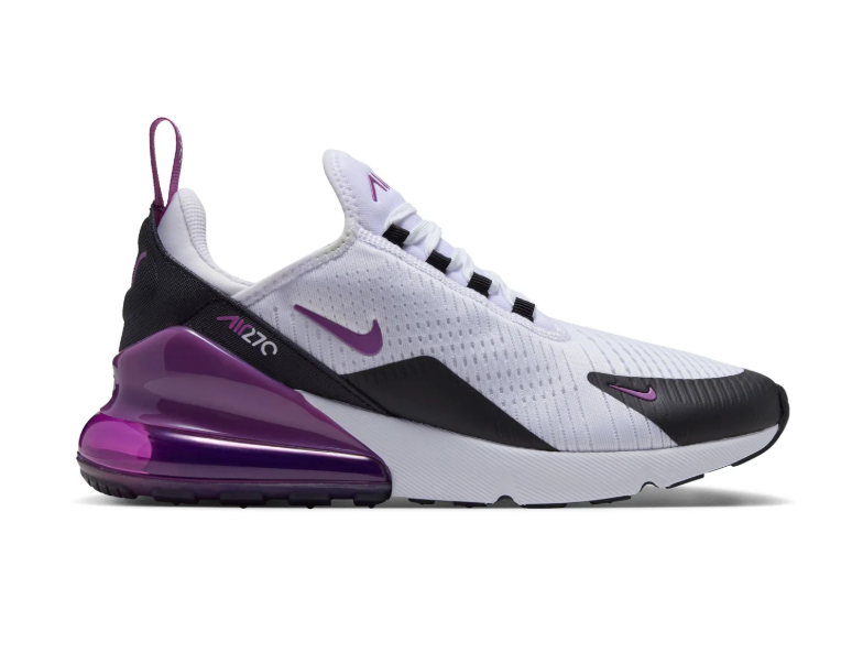 Nike Air Max 270 White and Black Sneakers with Purple Heel