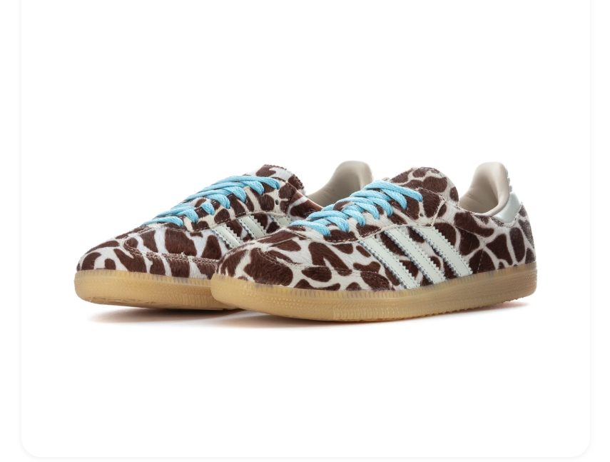 Adidas Brown and Cream Animal-Print Sneakers with Blue Laces and Gum Sole