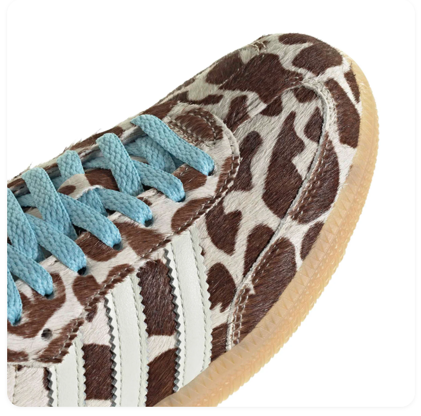 Adidas Brown and Cream Animal-Print Sneakers with Blue Laces and Gum Sole