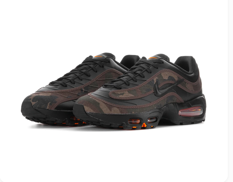 Nike Air Max Black and Brown Camo Sneakers with Orange Accents