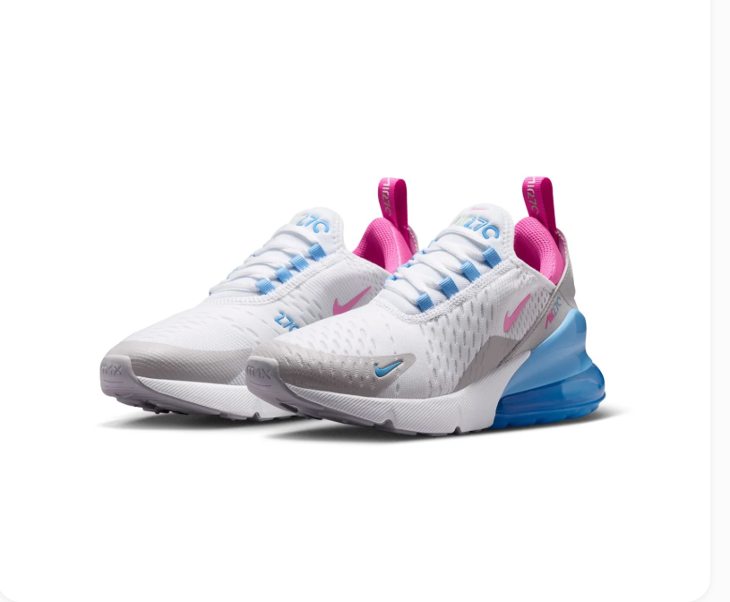 Nike Air Max 270 White and Grey Sneakers with Blue and Pink Accents