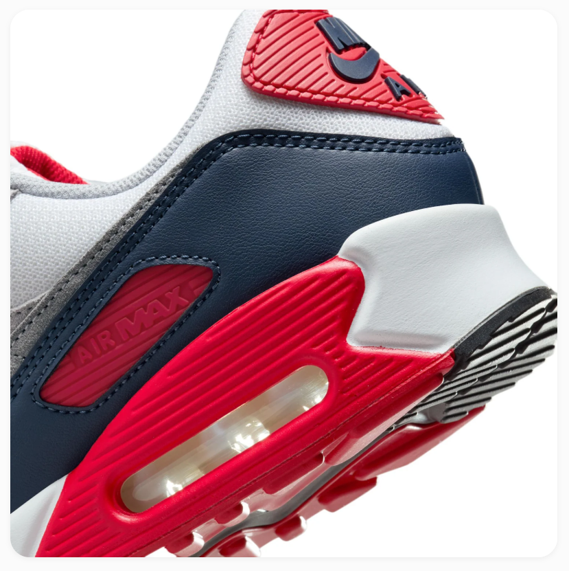 Nike Air Max 90 White and Grey Sneakers with Navy and Red Accents
