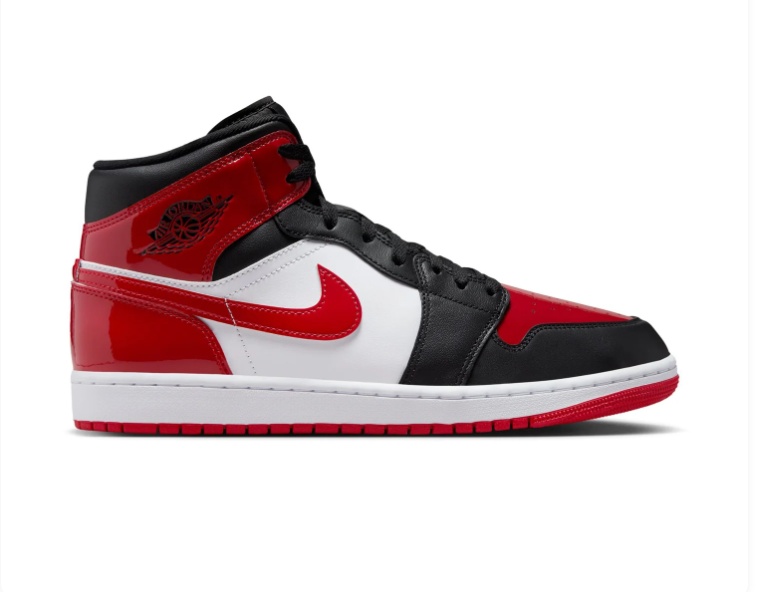 Air Jordan 1 Mid Black, White and Glossy Red Sneakers