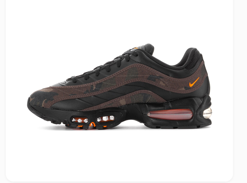 Nike Air Max Black and Brown Camo Sneakers with Orange Accents