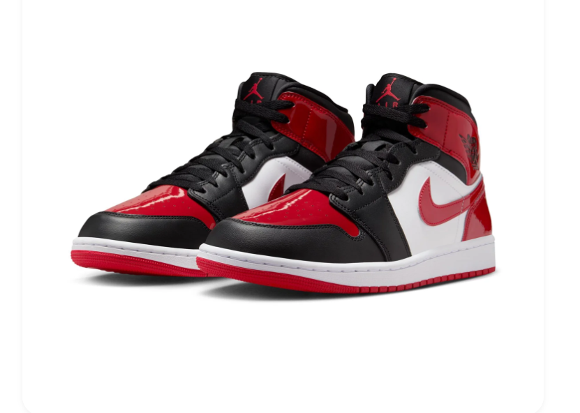 Air Jordan 1 Mid Black, White and Glossy Red Sneakers
