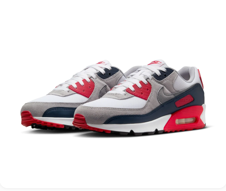 Nike Air Max 90 White and Grey Sneakers with Navy and Red Accents