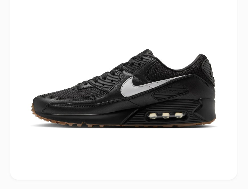 Nike Air Max 90 Black Sneakers with White Swoosh and Gum Outsole