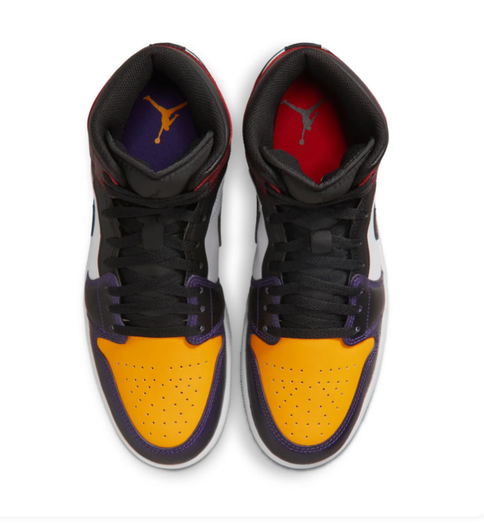 Air Jordan 1 Mid Black and White Sneakers with Yellow and Purple Accents