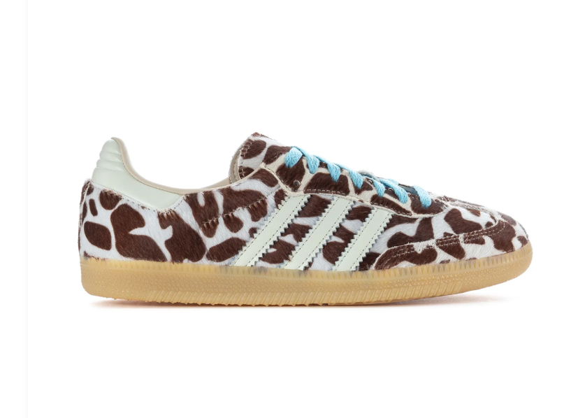 Adidas Brown and Cream Animal-Print Sneakers with Blue Laces and Gum Sole