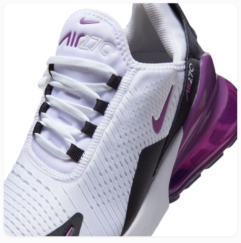 Nike Air Max 270 White and Black Sneakers with Purple Heel
