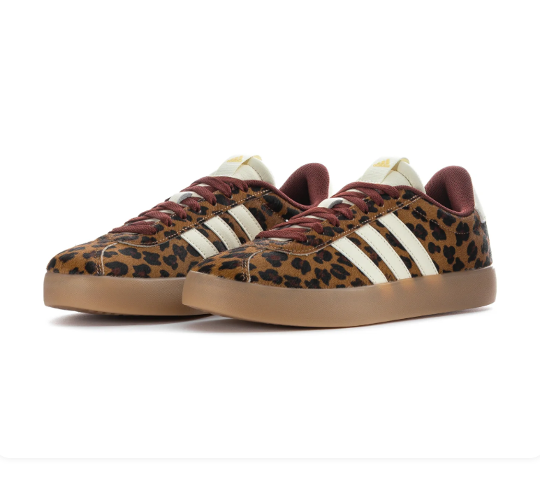 Adidas Leopard-Print Sneakers with Cream Stripes and Burgundy Laces