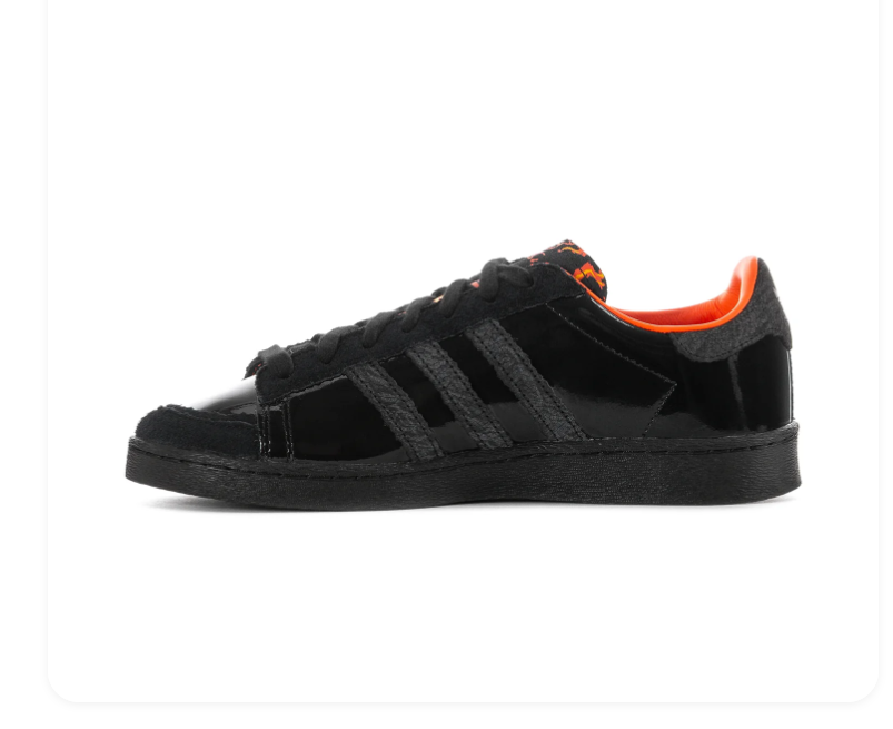 Adidas Black Glossy Sneakers with Orange Lining and Flame-Pattern Tongue