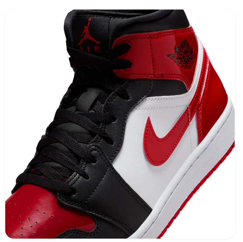 Air Jordan 1 Mid Black, White and Glossy Red Sneakers