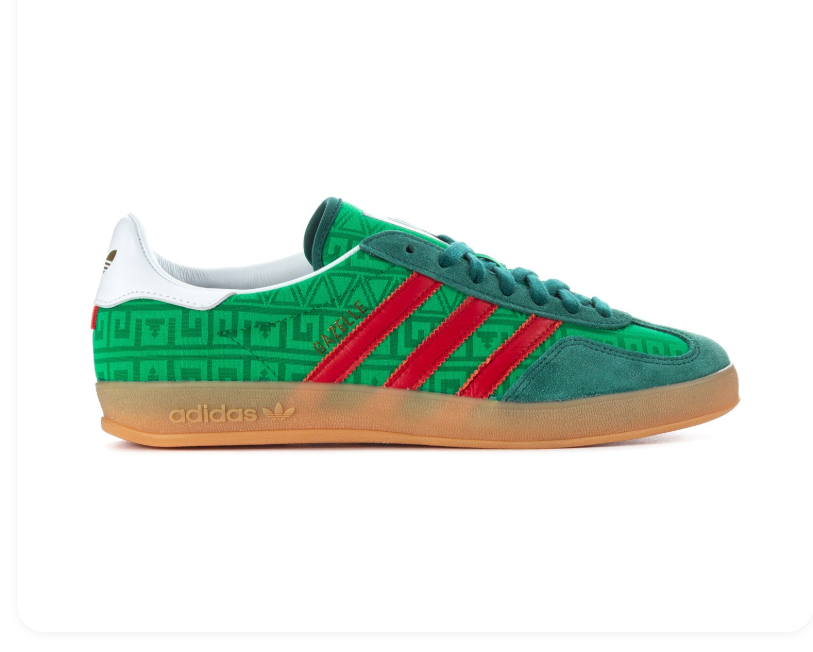 Adidas Green Patterned Sneakers with Red Stripes and Gum Sole