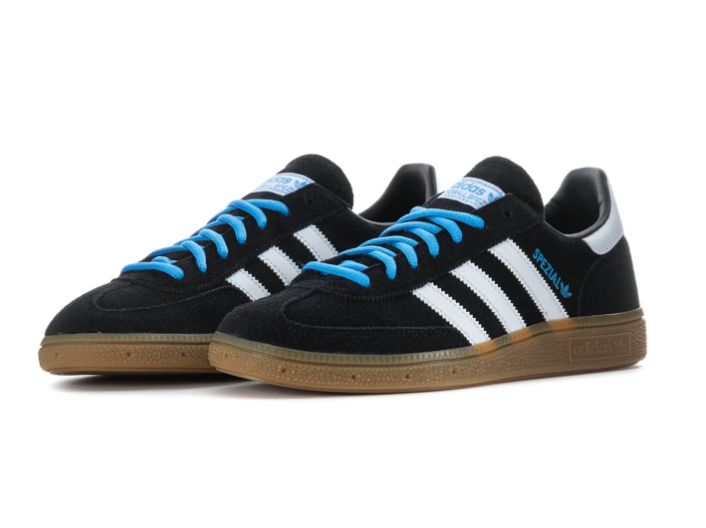 Adidas Handball Spezial Black and White Sneakers with Sky Blue Laces and Gum Sole