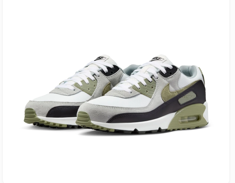 Nike Air Max 90 White and Grey Sneakers with Olive Accents