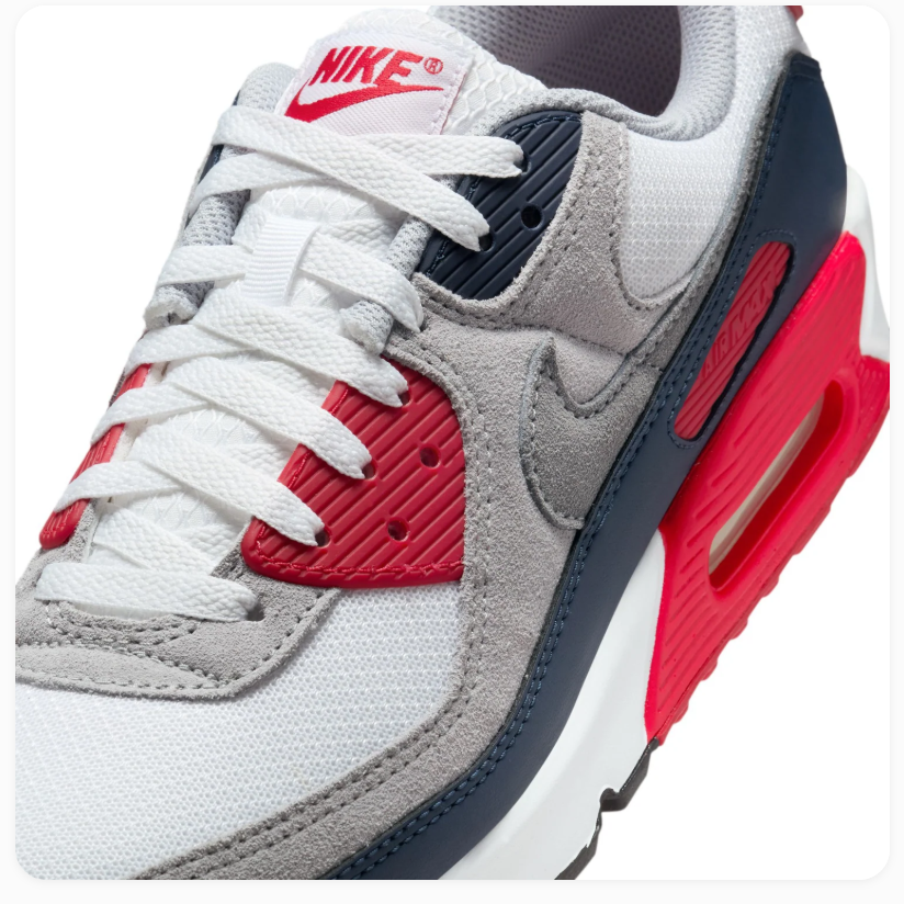 Nike Air Max 90 White and Grey Sneakers with Navy and Red Accents