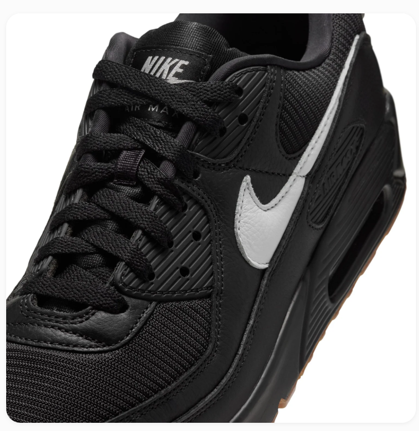 Nike Air Max 90 Black Sneakers with White Swoosh and Gum Outsole