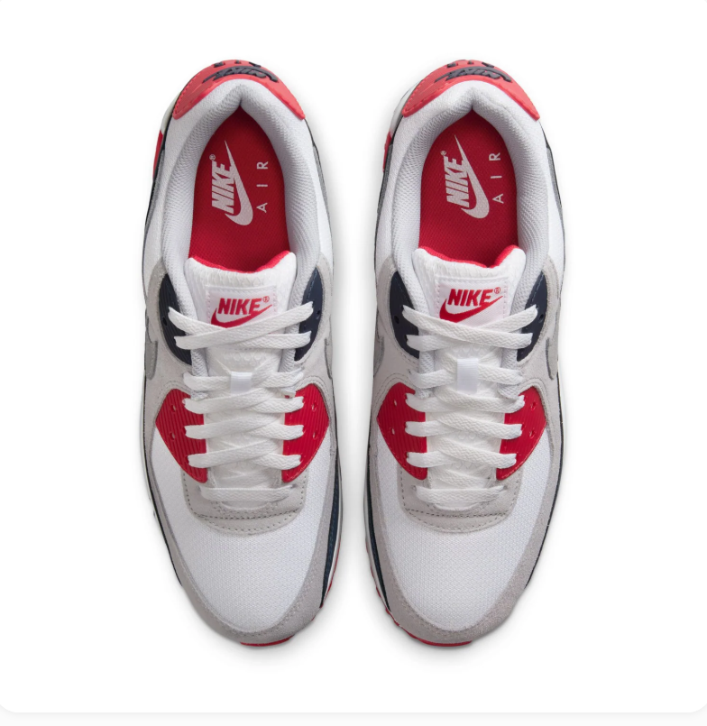 Nike Air Max 90 White and Grey Sneakers with Navy and Red Accents
