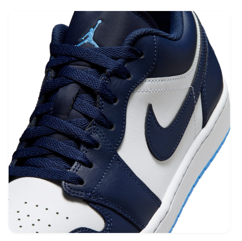 Air Jordan 1 Low Navy and White Sneakers with Bright Blue Soles