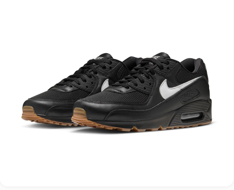Nike Air Max 90 Black Sneakers with White Swoosh and Gum Outsole