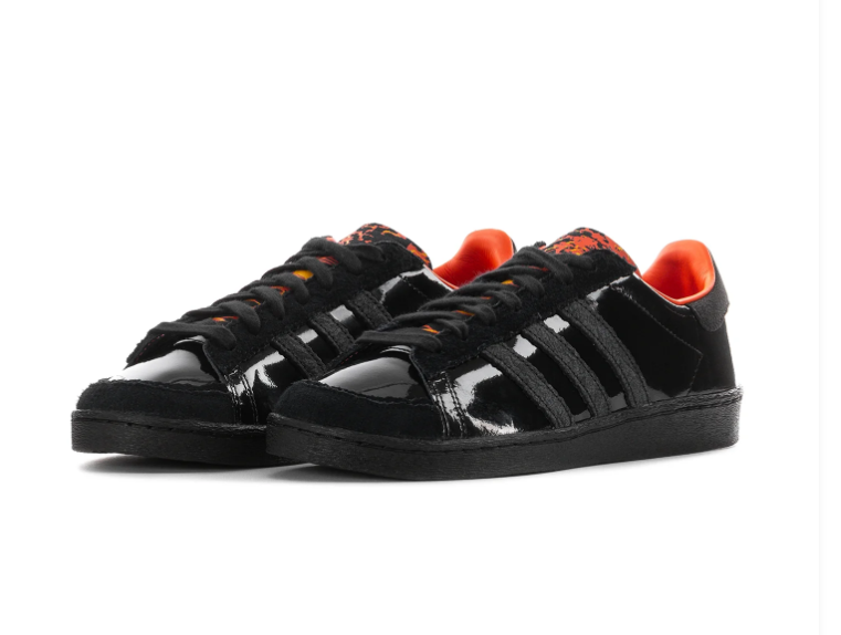 Adidas Black Glossy Sneakers with Orange Lining and Flame-Pattern Tongue