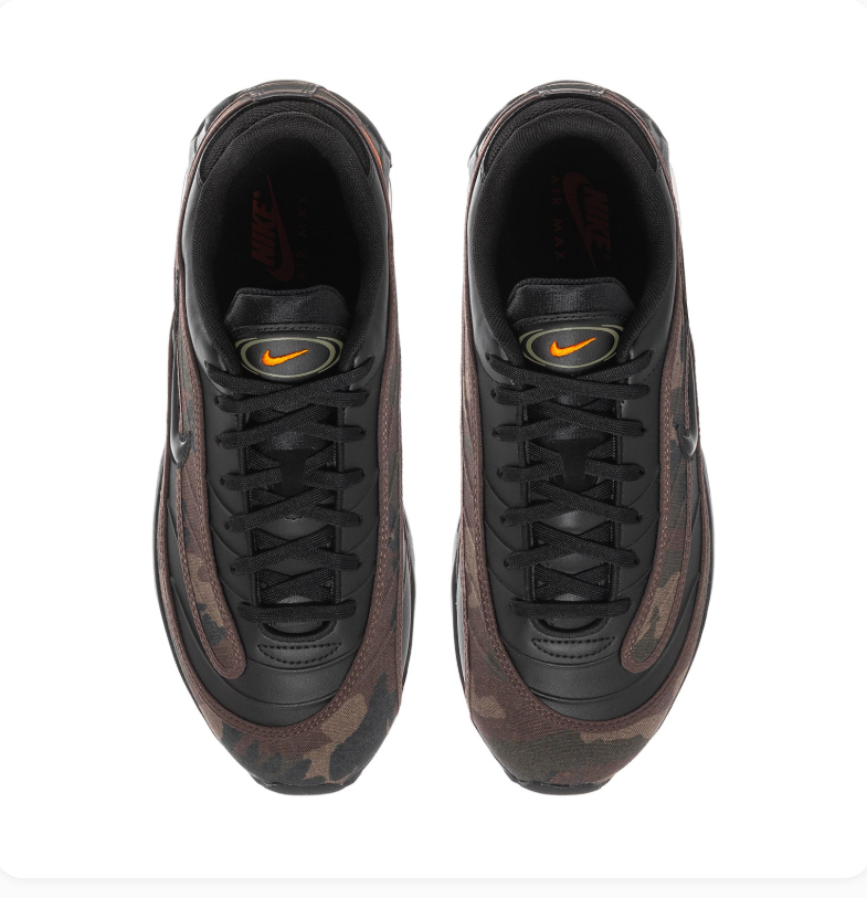 Nike Air Max Black and Brown Camo Sneakers with Orange Accents