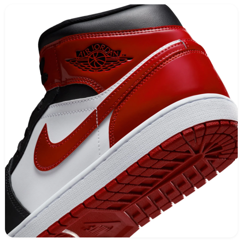 Air Jordan 1 Mid Black, White and Glossy Red Sneakers