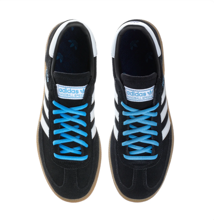 Adidas Handball Spezial Black and White Sneakers with Sky Blue Laces and Gum Sole