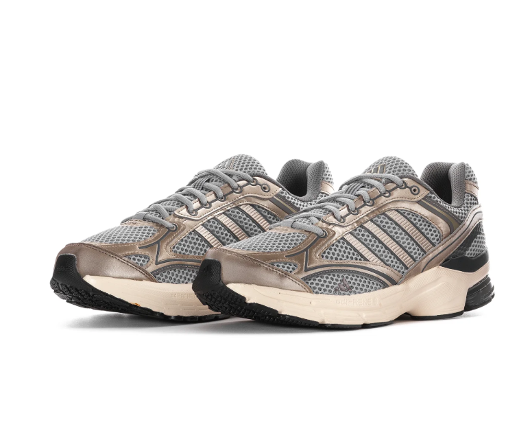 Adidas Grey Mesh Sneakers with Metallic Champagne Accents and Cream Sole