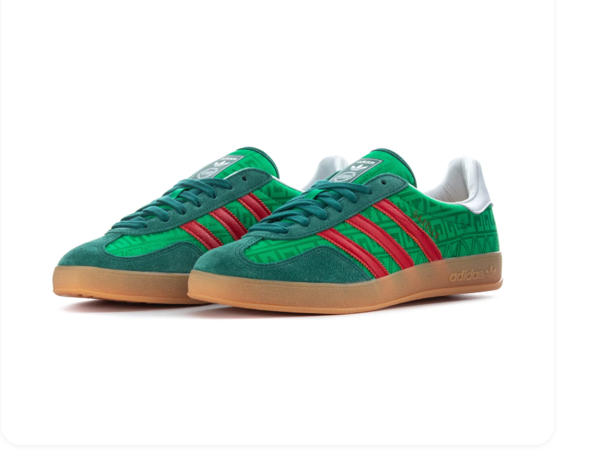 Adidas Green Patterned Sneakers with Red Stripes and Gum Sole