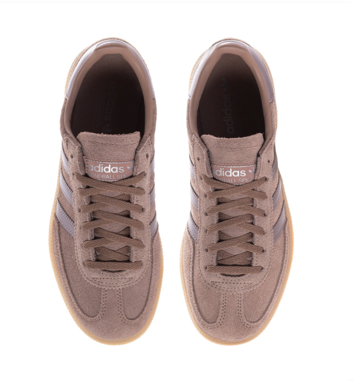 Adidas Handball Spezial Taupe Sneakers with Metallic Mauve Stripes and Gum Sole