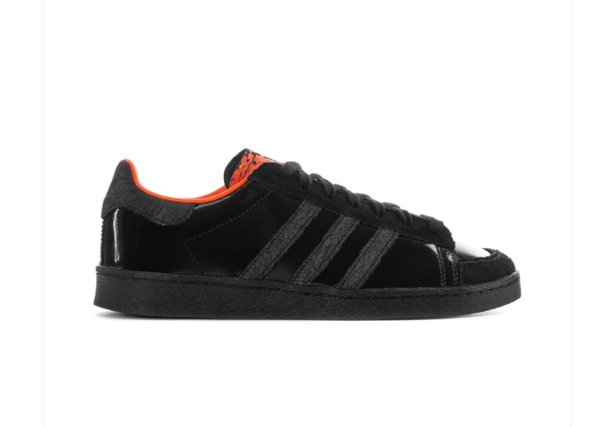 Adidas Black Glossy Sneakers with Orange Lining and Flame-Pattern Tongue