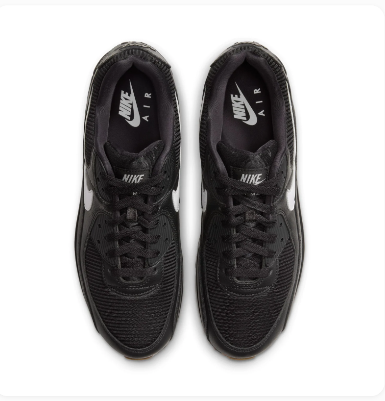 Nike Air Max 90 Black Sneakers with White Swoosh and Gum Outsole
