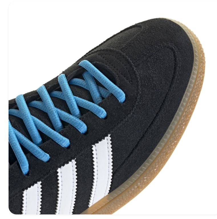 Adidas Handball Spezial Black and White Sneakers with Sky Blue Laces and Gum Sole