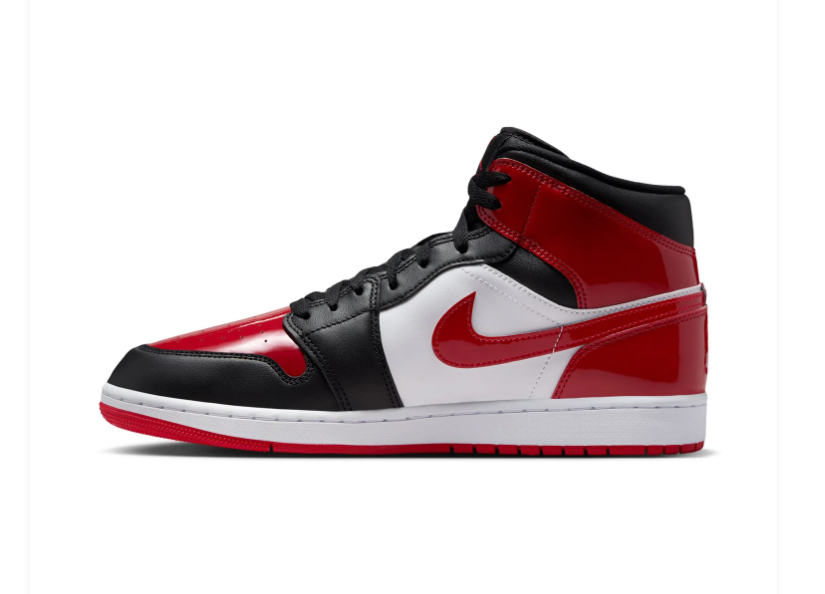 Air Jordan 1 Mid Black, White and Glossy Red Sneakers