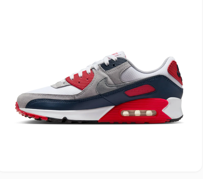Nike Air Max 90 White and Grey Sneakers with Navy and Red Accents