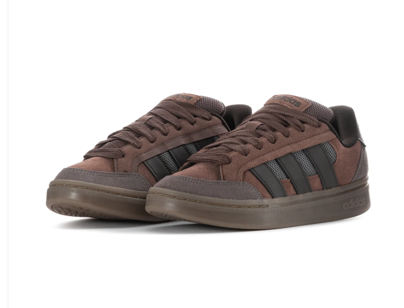 Adidas Brown and Grey Low-Top Sneakers with Dark Stripes and Brown Sole