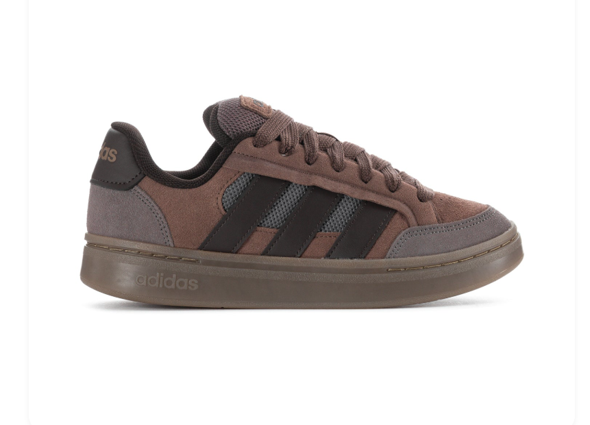 Adidas Brown and Grey Low-Top Sneakers with Dark Stripes and Brown Sole