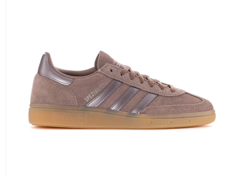 Adidas Handball Spezial Taupe Sneakers with Metallic Mauve Stripes and Gum Sole