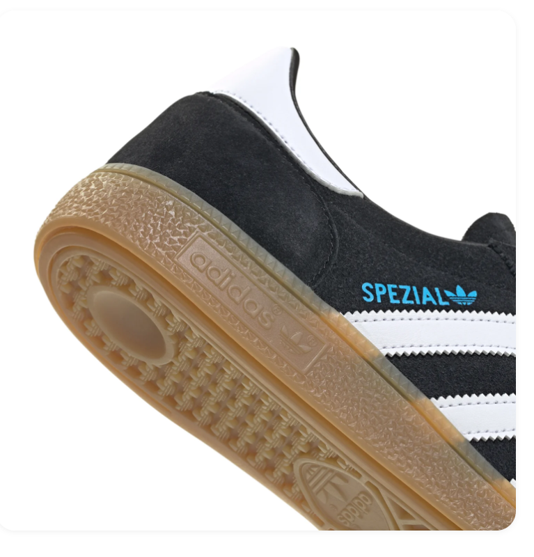 Adidas Handball Spezial Black and White Sneakers with Sky Blue Laces and Gum Sole