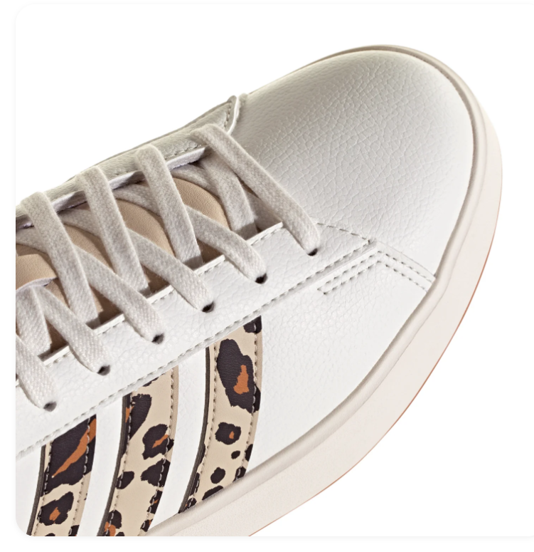 Adidas White Sneakers with Leopard-Print Stripes and Gum Outsole
