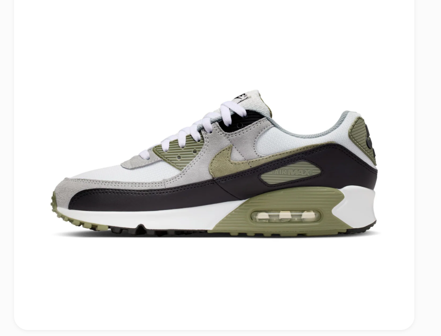 Nike Air Max 90 White and Grey Sneakers with Olive Accents