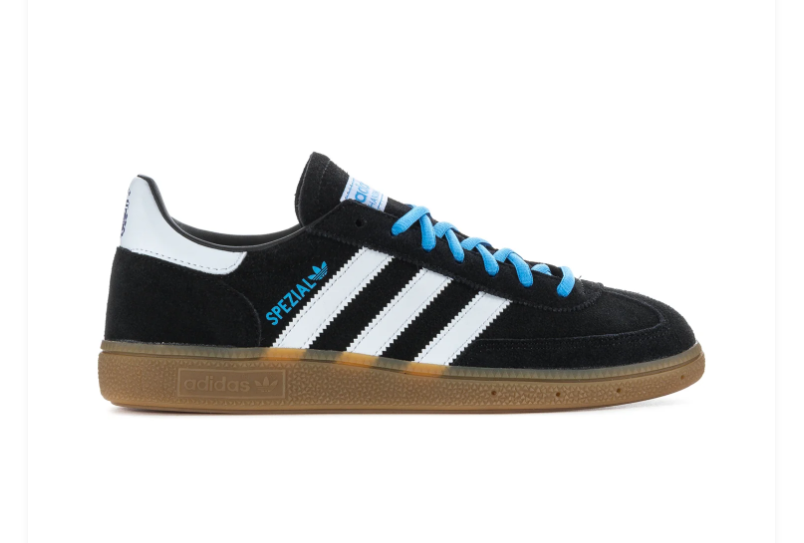 Adidas Handball Spezial Black and White Sneakers with Sky Blue Laces and Gum Sole