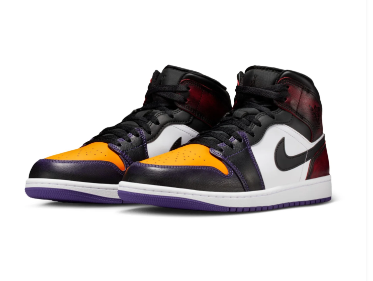 Air Jordan 1 Mid Black and White Sneakers with Yellow and Purple Accents
