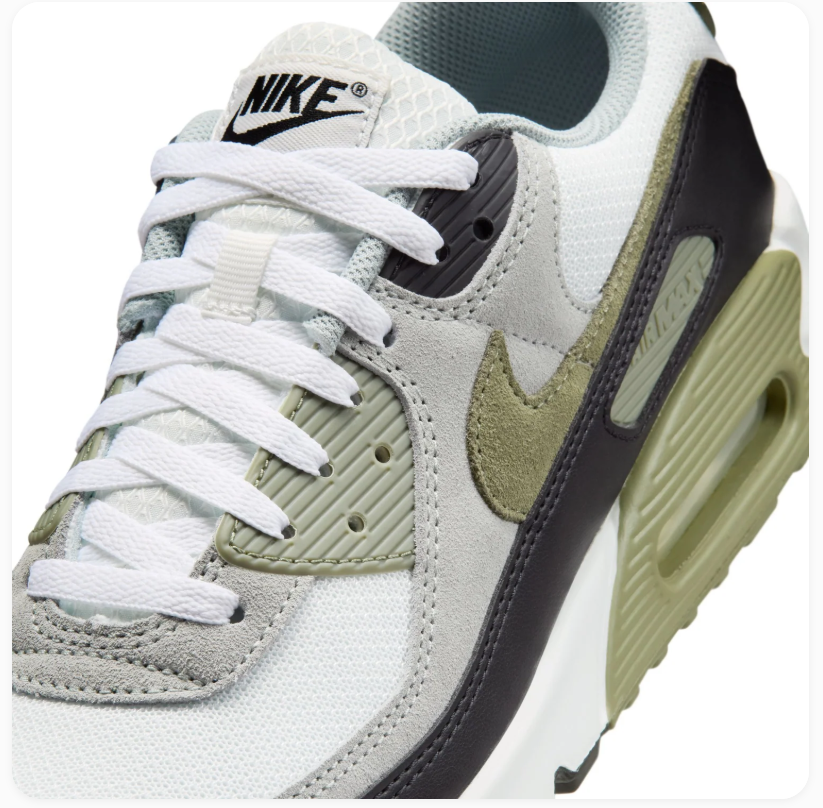 Nike Air Max 90 White and Grey Sneakers with Olive Accents