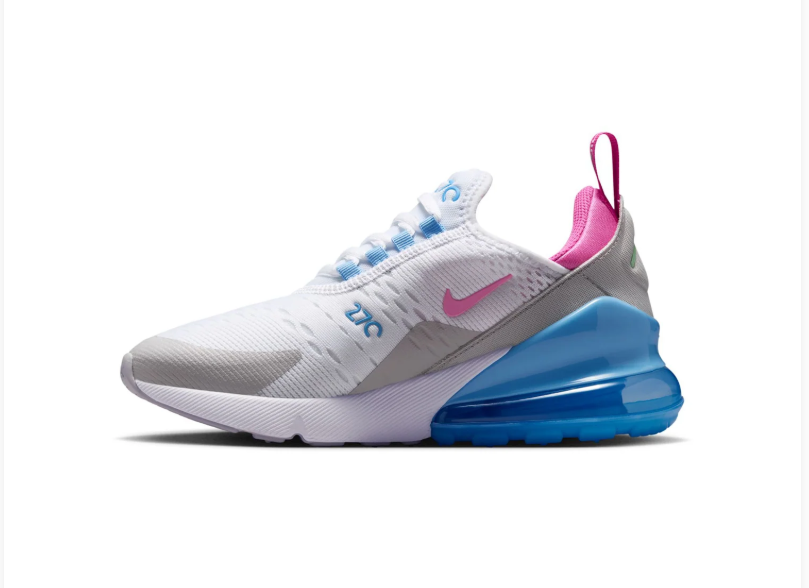 Nike Air Max 270 White and Grey Sneakers with Blue and Pink Accents